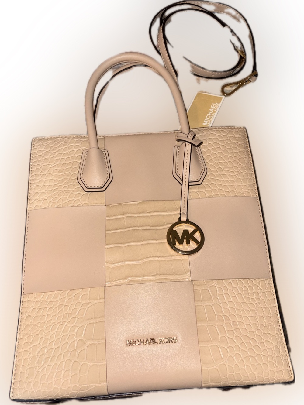 Michael Kors Mercer Medium Patchwork Tote in Blush Beige with Gold Hardware